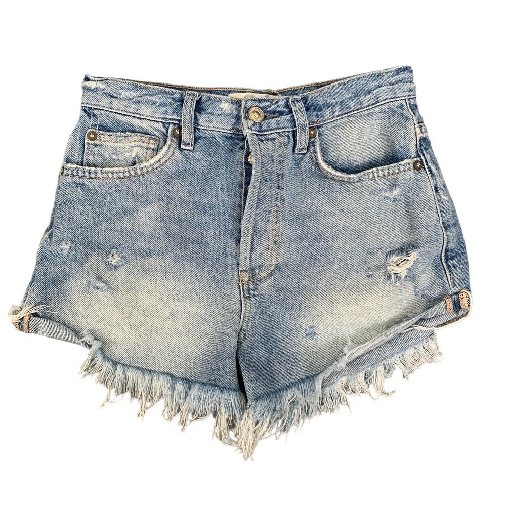 We The Free People Shorts Womens 24 Denim Heavily Distressed Cutoff Button Fly